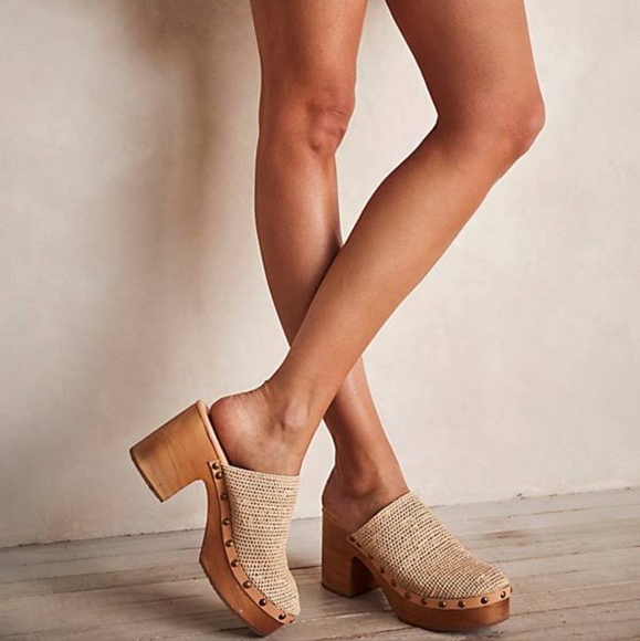 Free People Shoes - ●Free People Claudia Crochet Natural Studded Rattan Clogs